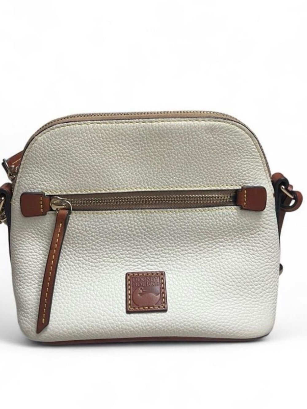 Dooney & Bourke Cream Pebble Leather Crossbody with Brown Trim and Gold Hardware